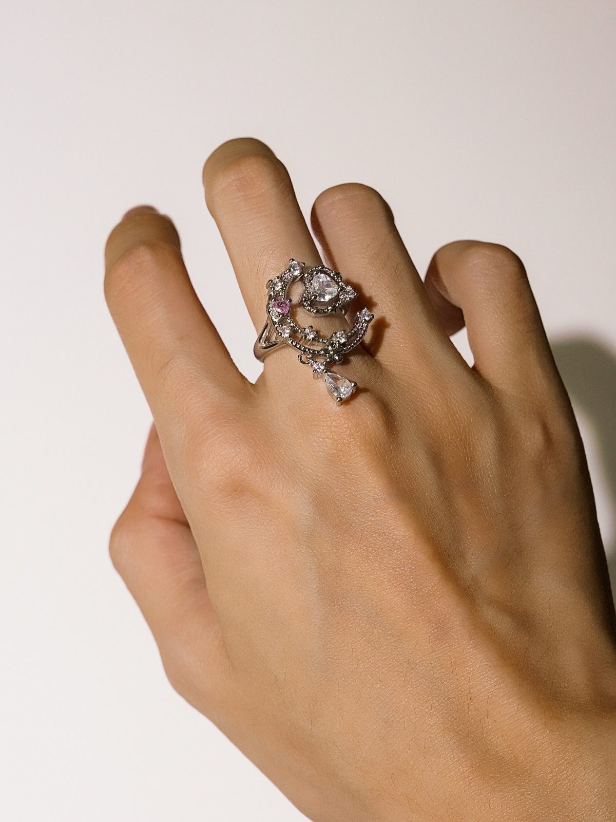 Moonlit Crush - 925 Silver Zircon Moon Heart Adjustable Opening Ring