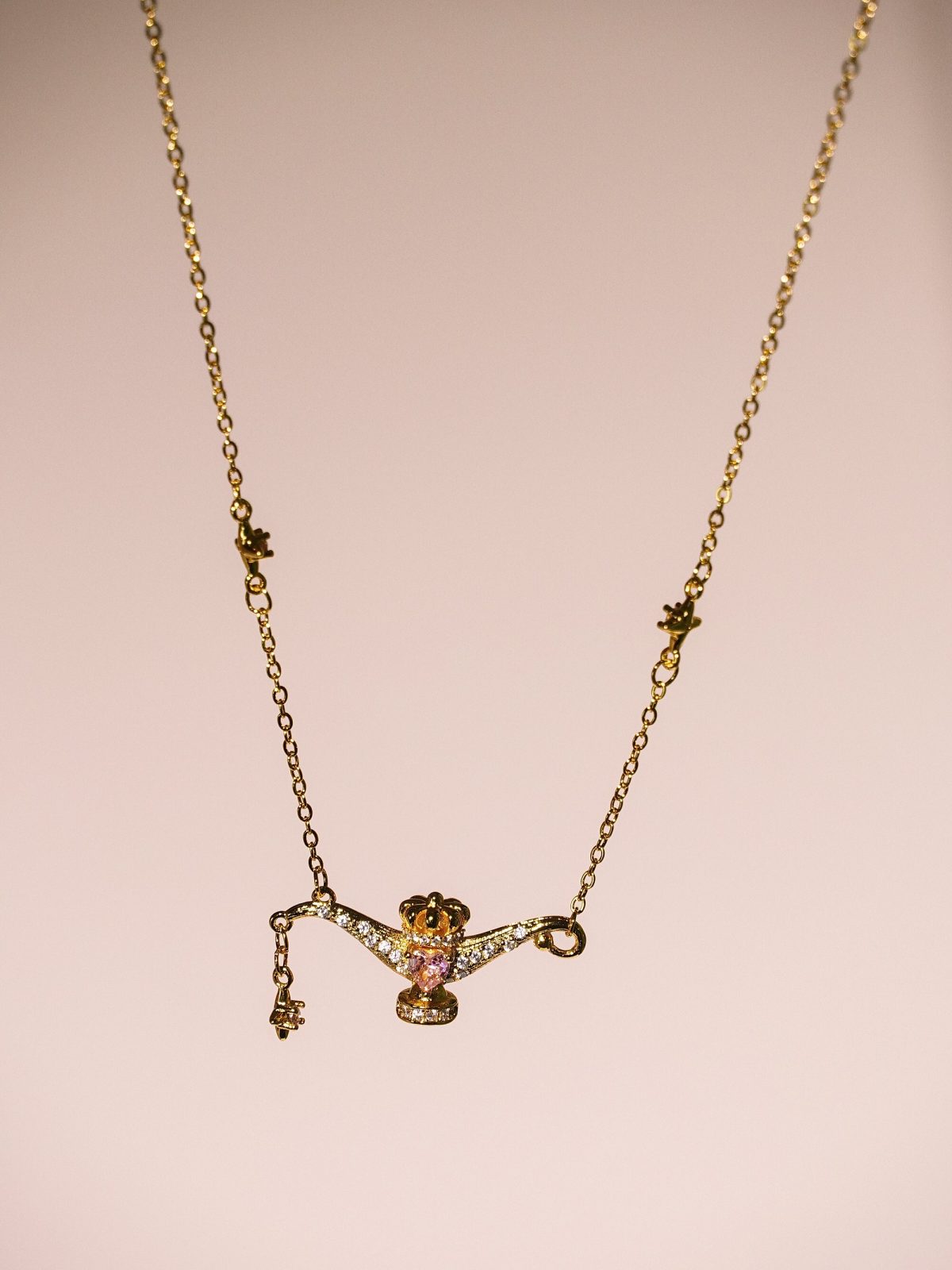 Aladdin's Sweetheart - 18K Gold Pink Cubic Zirconia Aladdin's Wish Lamp Necklace